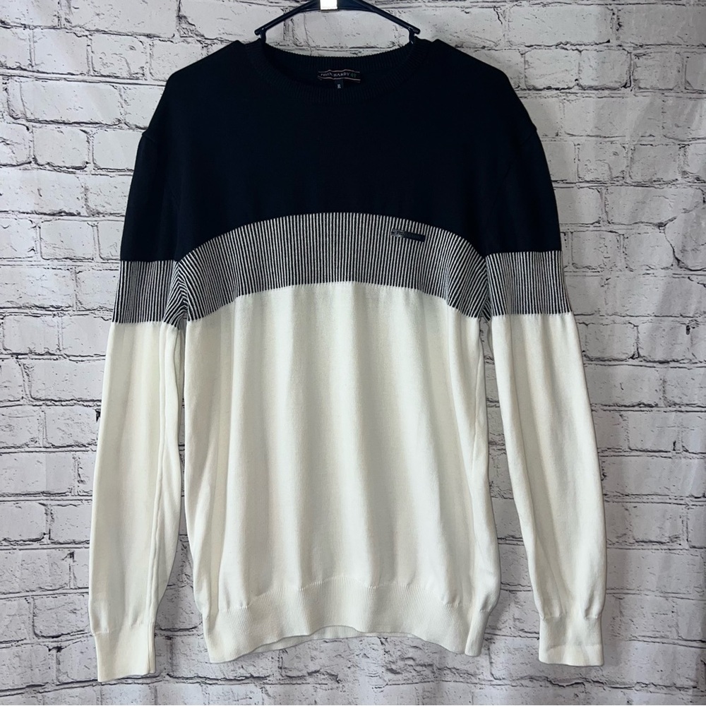 Felix Hardy Men’s Long Sleeve 100 % Cotton Crewneck Sweater White Navy Blue XL